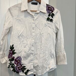 New York & Company White Button Down Shirt with Purple Floral Design